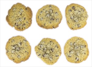 Chocolate Chip Cookies as detailed close-up shot isolated on white background (selective focus)