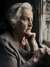 An elderly woman sits in her old flat and looks bored out of the window, loneliness, poverty in old