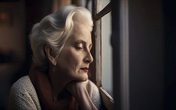 An elderly woman sits in her old flat and looks bored out of the window, loneliness, poverty in old