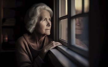 An elderly woman sits in her old flat and looks bored out of the window, loneliness, poverty in old