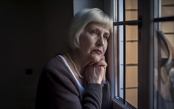 An elderly woman sits in her old flat and looks bored out of the window, loneliness, poverty in old