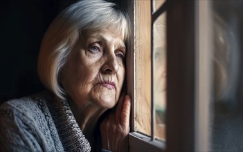 An elderly woman sits in her old flat and looks bored out of the window, loneliness, poverty in old