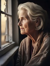 An elderly woman sits in her old flat and looks bored out of the window, loneliness, poverty in old