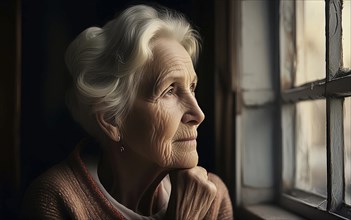 An elderly woman sits in her old flat and looks bored out of the window, loneliness, poverty in old