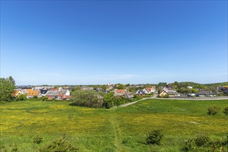 Bagenkop Klinten, Dovne Kliff, view from the cliff over the town, flowering meadow, Langeland