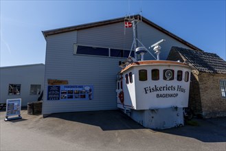 Bagenkop Harbour, Langeland Island, Funen County, Fishing Museum with wheelhouse from fishing boat,