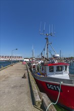 Bagenkop harbour, Langeland island, Funen, fishing boat, jetty, holiday homes, Danish South Sea,