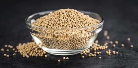 Portion of Mustard Seeds as detailed close up shot on a slate slab (selective focus)