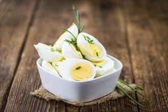 Portion of halved Eggs as detailed close-up shot (selective focus)