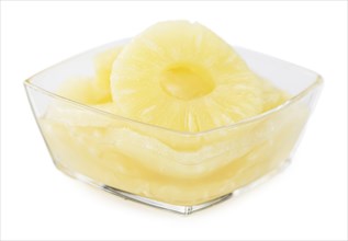 Fresh made Preserved Pineapple Rings isolated on white background, close-up shot