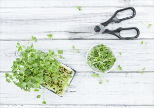 Fresh cutted Cress as high detailed close-up shot on a vintage wooden table (selective focus)