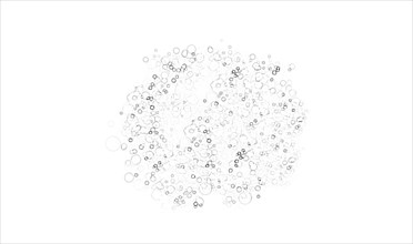 An abstract composition of black dots scattered randomly against a clean white background, creating