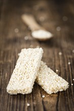 Portion of homemade Quinoa Bars (selective focus, close-up shot)