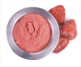 Strawberry powder isolated on white background, selective focus, close-up shot