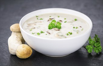 Porcini Soup on a vintage slate slab as detailed close-up shot, selective focus