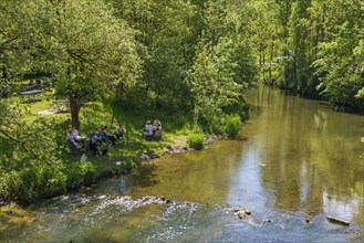 Picturesque river and beer garden, near Rothenburg ob der Tauber, Romantic Road, Franconia,