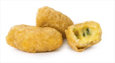 Portion of Chili Cheese Nuggets (as close-up shot) isolated on white background