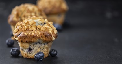 Fresh Blueberry Muffins as detailed close-up shot (selective focus)