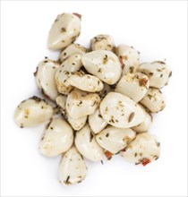 Marinated Garlic isolated on white background (selective focus, close-up shot)