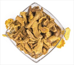 Preserved chanterelles isolated on white background, selective focus, close-up shot