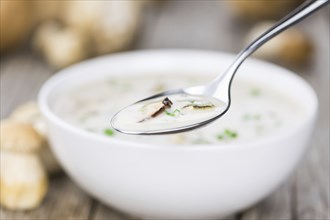 Homemade Porcini Soup on an wooden table as detailed close-up shot, selective focus