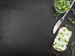 Fresh cutted Cress with creamy Cheese on a slice of bread (selective focus, close-up shot)