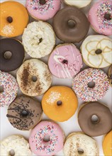 Some fresh made Donuts (view from above, close-up shot)