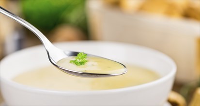 Portion of fresh Chanterelle Soup close-up shot, selective focus