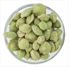 Portion of Wasabi Peanuts (as close-up shot) isolated on white background