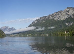 Morning mist drifts over a forest, Grundlsee in the morning light, near Gössl, Salzkammergut,