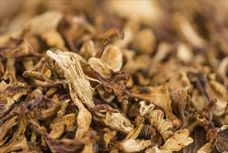 Fresh made Dried Chanterelles on a vintage background as detailed close-up shot