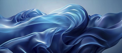 Abstract fluid-like blue fabric creating smooth, wavy shapes with light reflections, AI generated