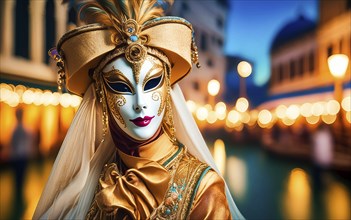 A woman with mask and costume at the carnival in Venice at night, AI generated, AI generated