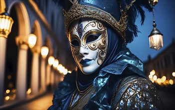 A woman with mask and costume at the carnival in Venice at night, AI generated, AI generated