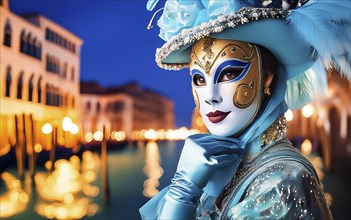 A woman with mask and costume at the carnival in Venice at night, AI generated, AI generated