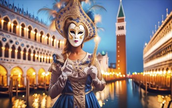 A woman with mask and costume at the carnival in Venice at night, AI generated, AI generated