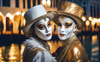 Two woman with masks and costumes at the carnival in Venice at night, AI generated, AI generated