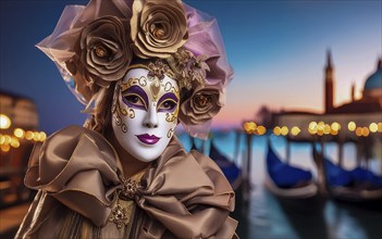 A woman with mask and costume at the carnival in Venice at night, AI generated, AI generated