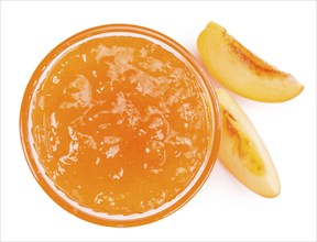 Portion of Peach Jam on a rustic slate slab, selective focus, close-up shot