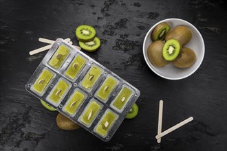 Portion of fresh made Kiwi Popsicles on a slate slab (selective focus)