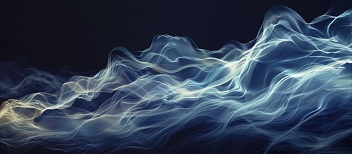 Abstract digital art with blue and white flowing waves creating an ethereal and serene atmosphere,