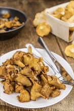 Fried Chanterelles on rustic wooden background as close-up shot