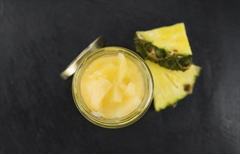 Portion of fresh Preserved Pineapple pieces close-up shot, selective focus