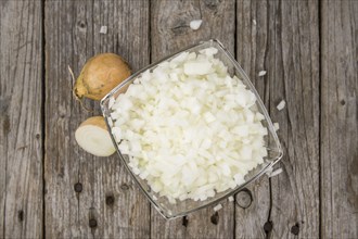 Some homemade White Onions (dices) as detailed close-up shot, selective focus