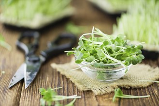 Fresh cutted Cress as high detailed close-up shot on a vintage wooden table (selective focus)