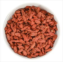 Goji Berries (dried) isolated on white background (selective focus, close-up shot)