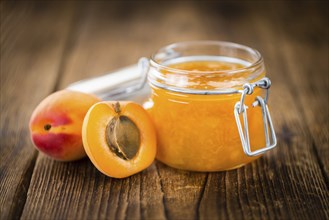 Some homemade Apricot Jam (selective focus) as detailed close-up shot