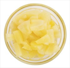 Portion of Preserved Pineapple pieces as detailed close-up shot isolated on white background