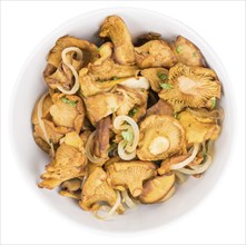 Fried Chanterelles isolated on white background, selective focus, close-up shot