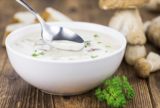 Homemade Porcini Soup on an wooden table as detailed close-up shot, selective focus